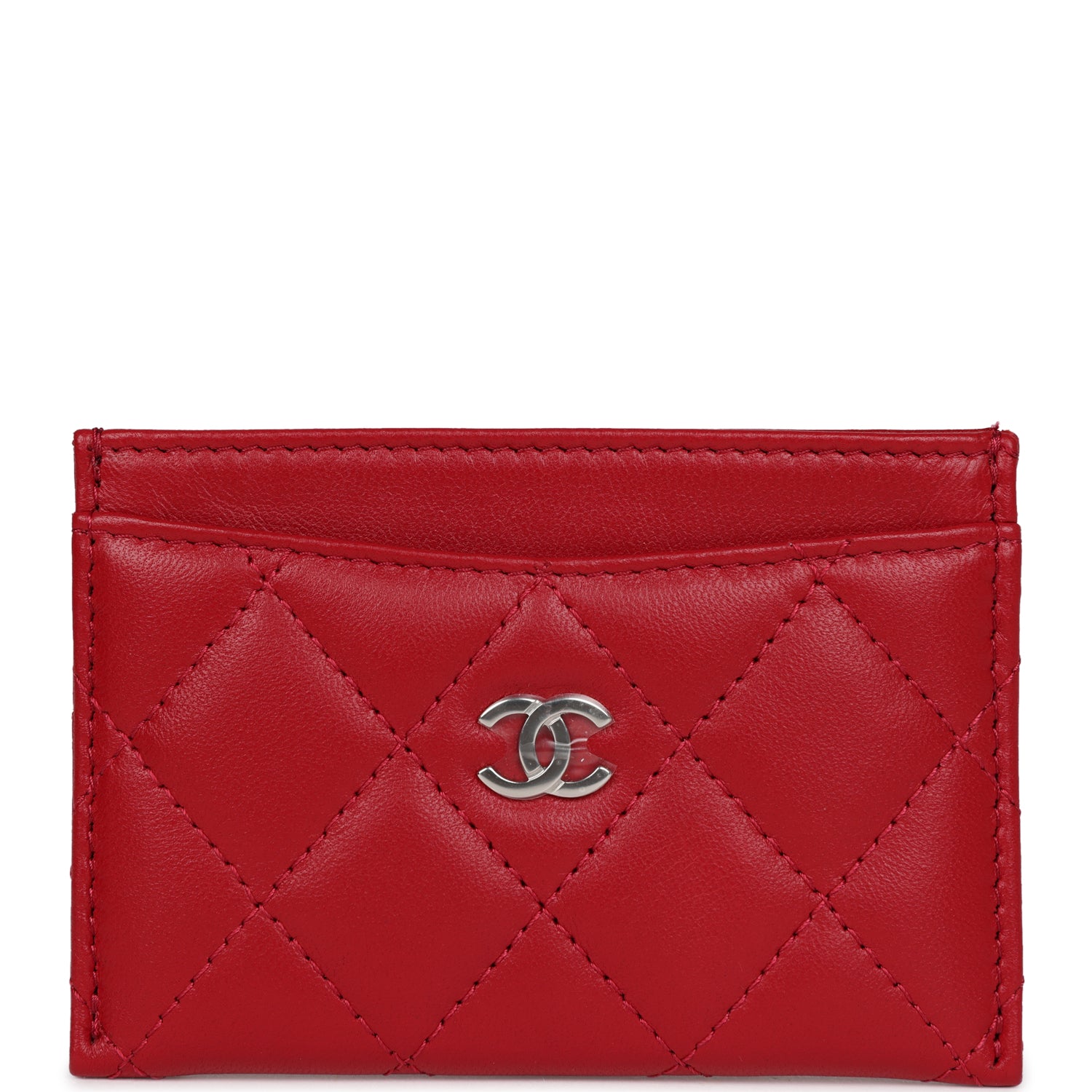 Chanel Card Holder Wallet Red Lambskin Silver Hardware