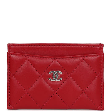 Chanel Card Holder Wallet Red Lambskin Silver Hardware