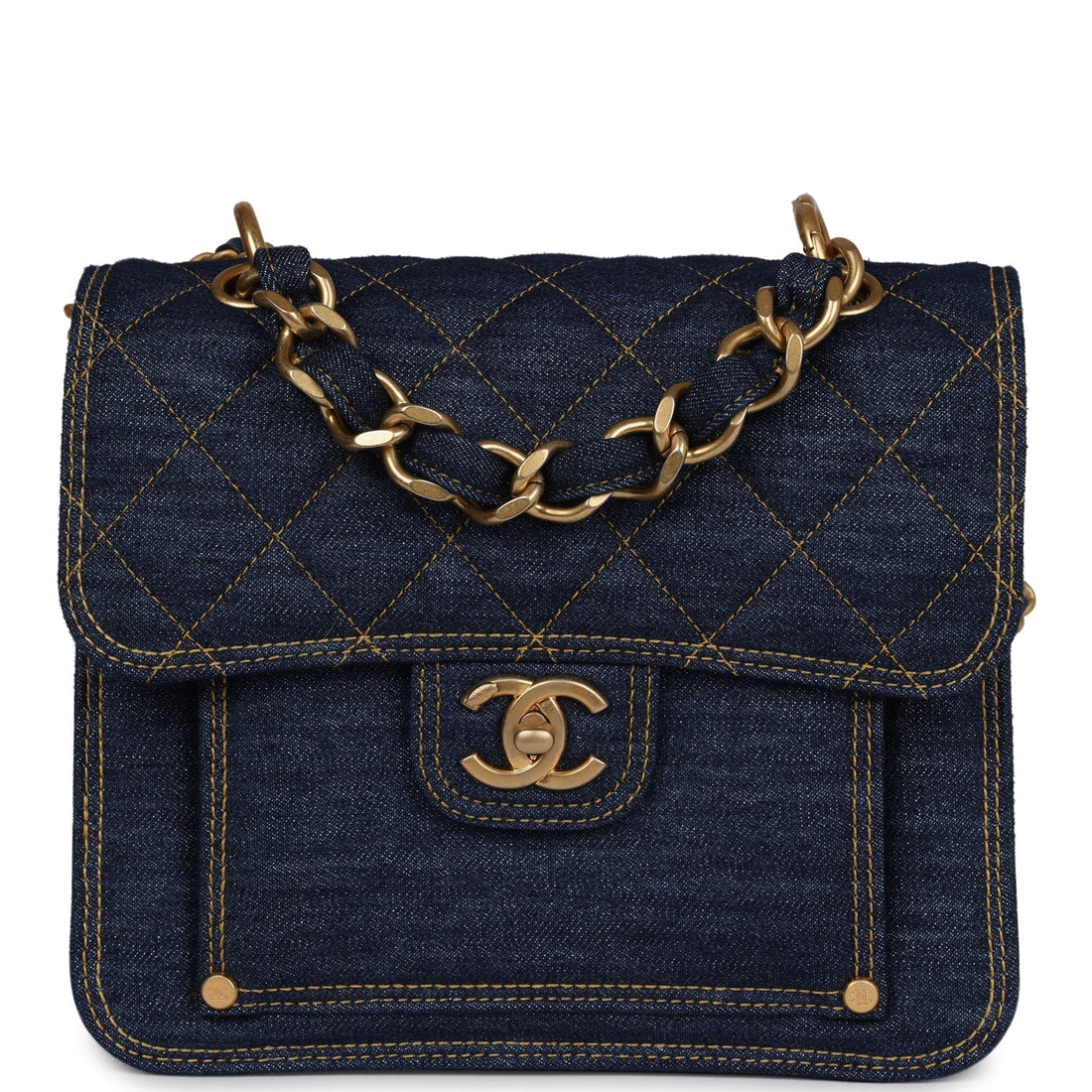 Chanel Square Flap Blue Denim Antique Gold Hardware
