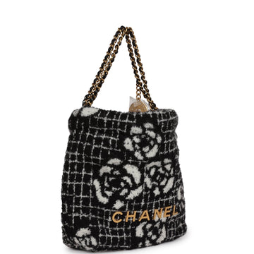 Chanel Mini 22 Bag Black and White Floral Tweed Gold Hardware