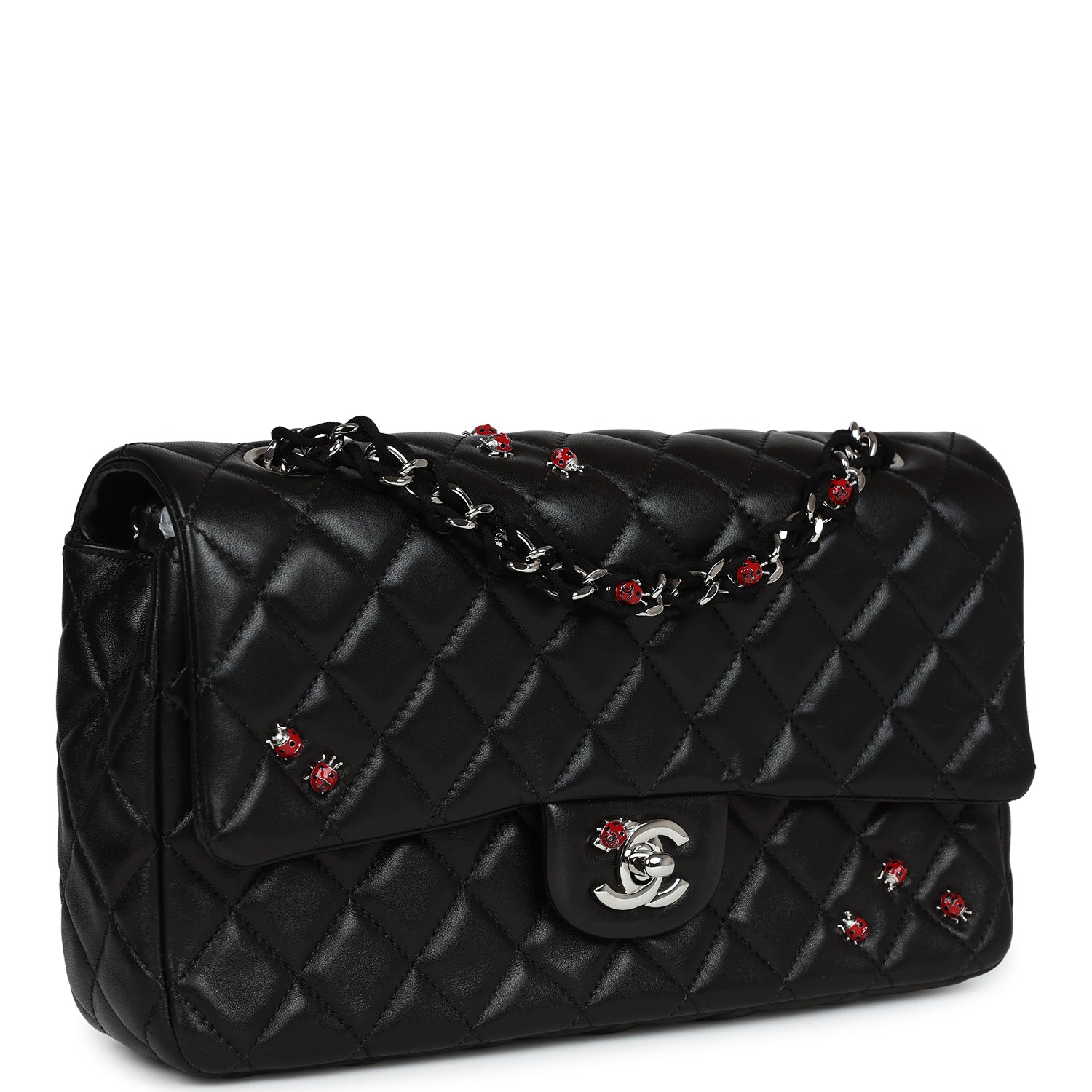 New Chanel Medium Lady Bug Single Flap Bag Black Lambskin Silver Hardware