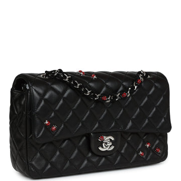 New Chanel Medium Lady Bug Single Flap Bag Black Lambskin Silver Hardware