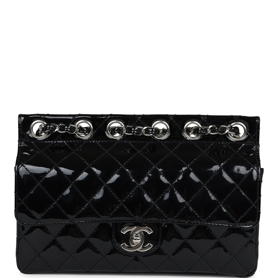 Chanel Chain Through Flap Bag Black Patent Silver Hardware