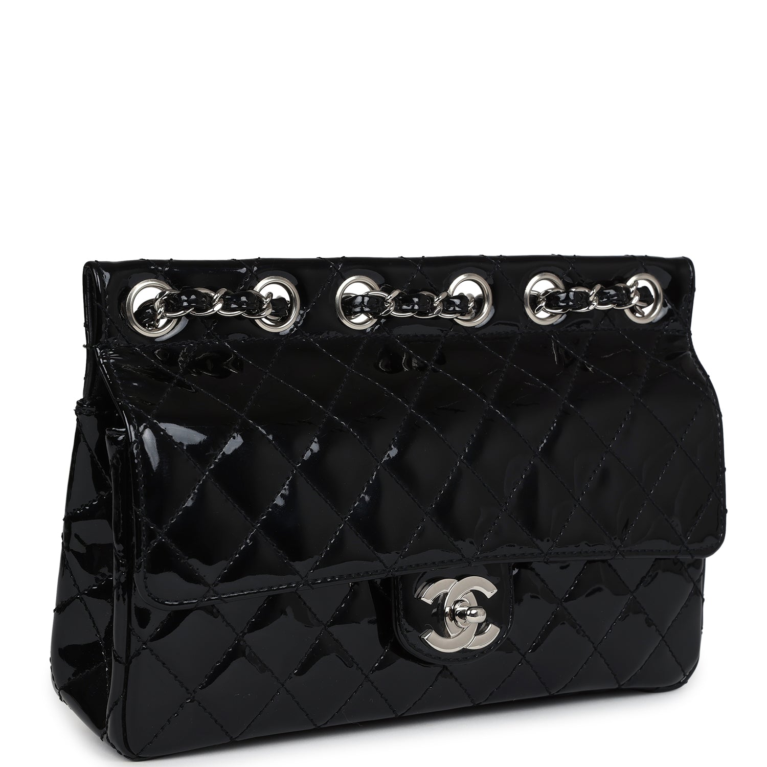 Chanel Chain Through Flap Bag Black Patent Silver Hardware