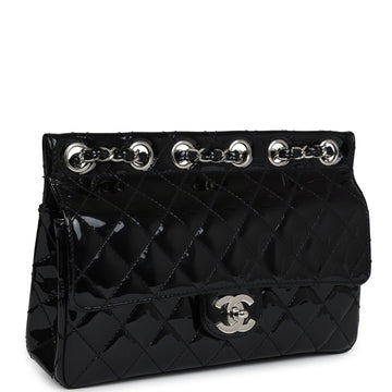 Chanel Chain Through Flap Bag Black Patent Silver Hardware