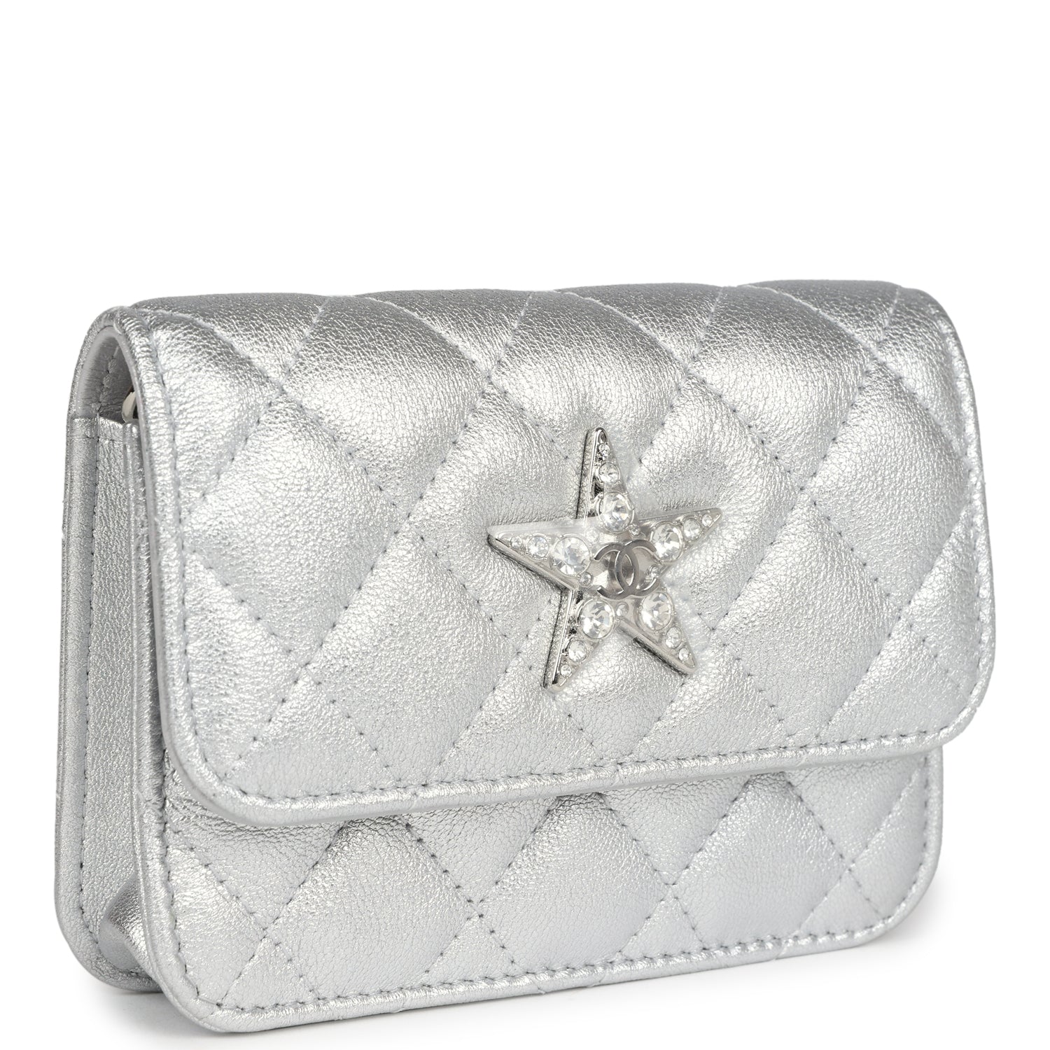 Chanel Crystal CC Walk Of Fame Clutch Wallet Silver Metallic Goatskin Silver Hardware