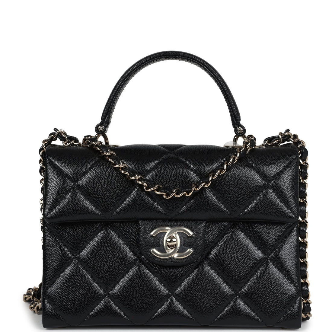 Chanel Small Square Top Handle Flap Bag Black Caviar Light Gold Hardware
