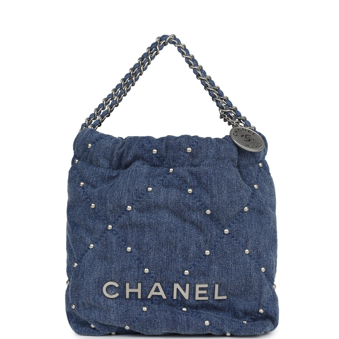 Chanel Mini 22 Bag Blue Studded Denim Silver Hardware