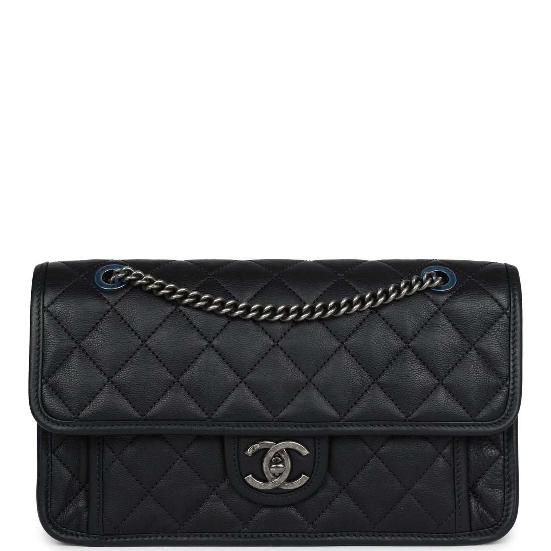 Chanel French Riviera Flap Bag Black Calfskin Aged Ruthenium Hardware