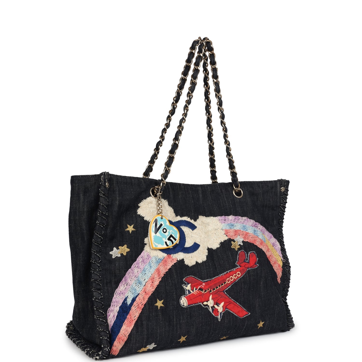 New Chanel Night Flight Embroidered Shopping Tote Multicolored Denim Gold Hardware