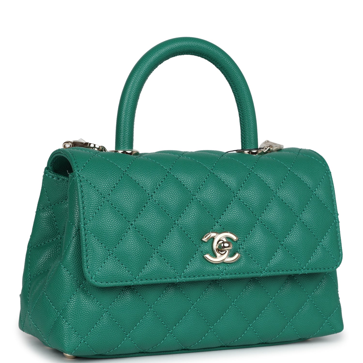 Chanel Small Coco Top Handle Flap Bag Dark Green Caviar Light Gold Hardware