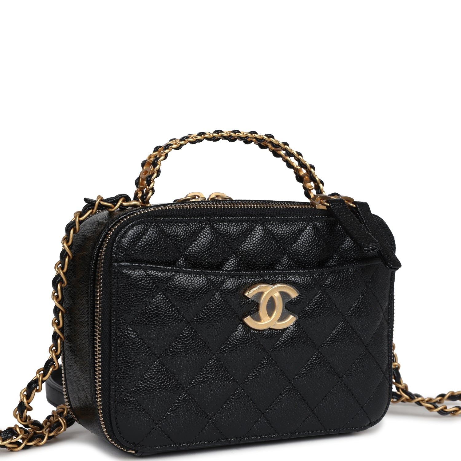 Chanel Small Pick Me Up Top Handle Vanity Case Black Caviar Brushed Gold Hardware