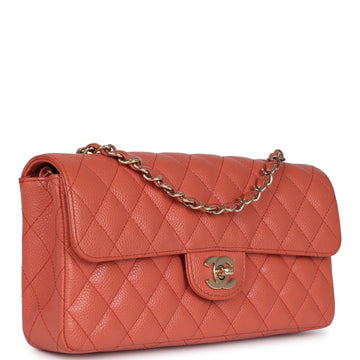 New Chanel Classic East West Single Flap Coral Caviar Light Gold Hardware