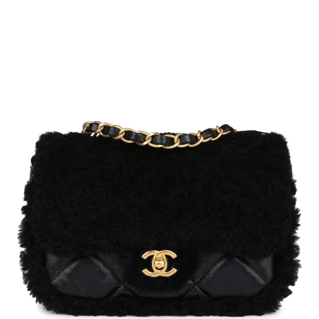 Chanel Mini Shearling Flap Bag Black Lambskin Brushed Gold Hardware