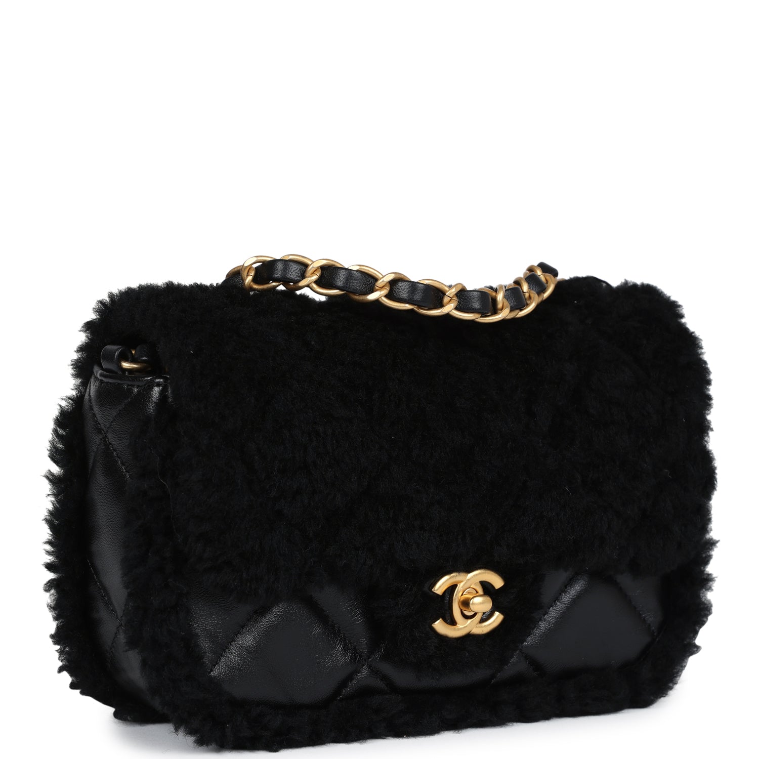 Chanel Mini Shearling Flap Bag Black Lambskin Brushed Gold Hardware