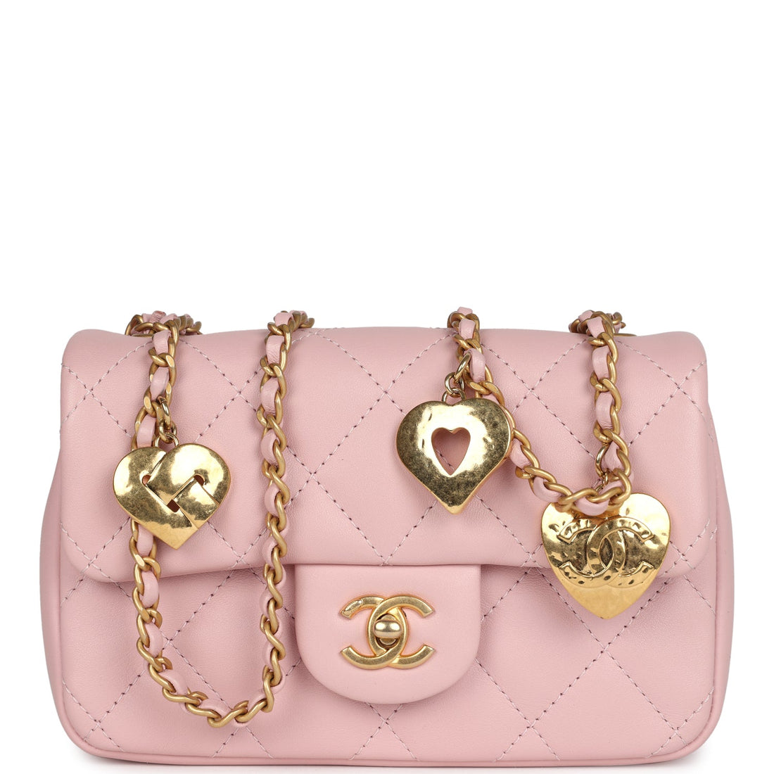 New Chanel Mini Rectangular Flap Bag with Heart Chain Pink Lambskin Antique Gold Hardware