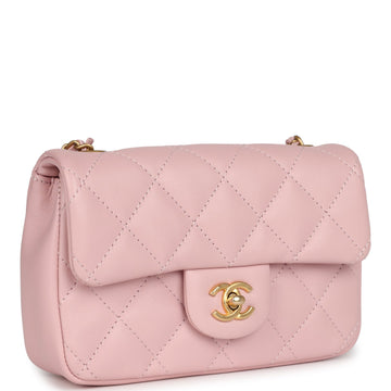 New Chanel Mini Rectangular Flap Bag with Heart Chain Pink Lambskin Antique Gold Hardware