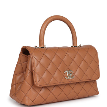 Chanel Small Coco Handle Flap Bag Brown Caviar Light Gold Hardware