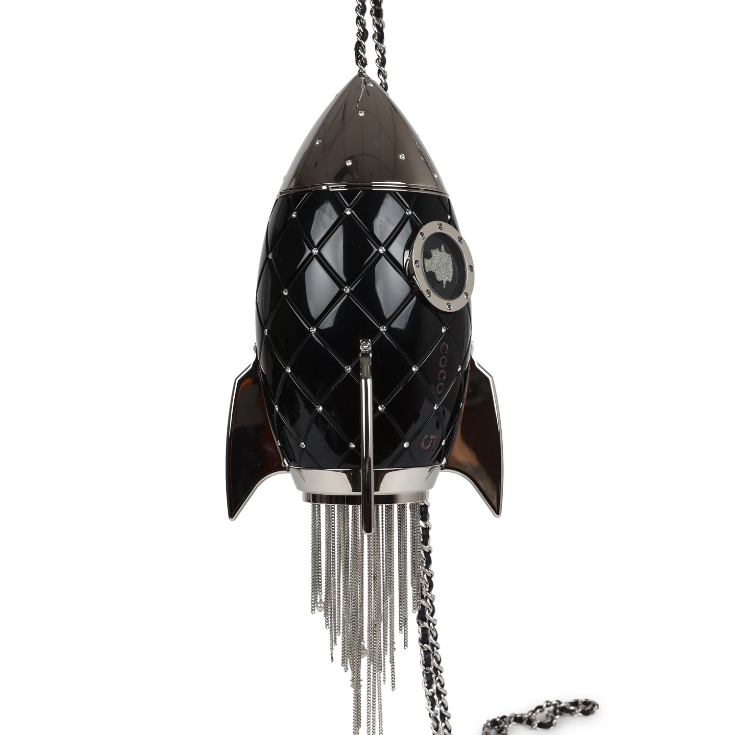 New Chanel Limited Edition Rocket Ship Minaudière Bag Black Lucite and Crystals Silver Hardware
