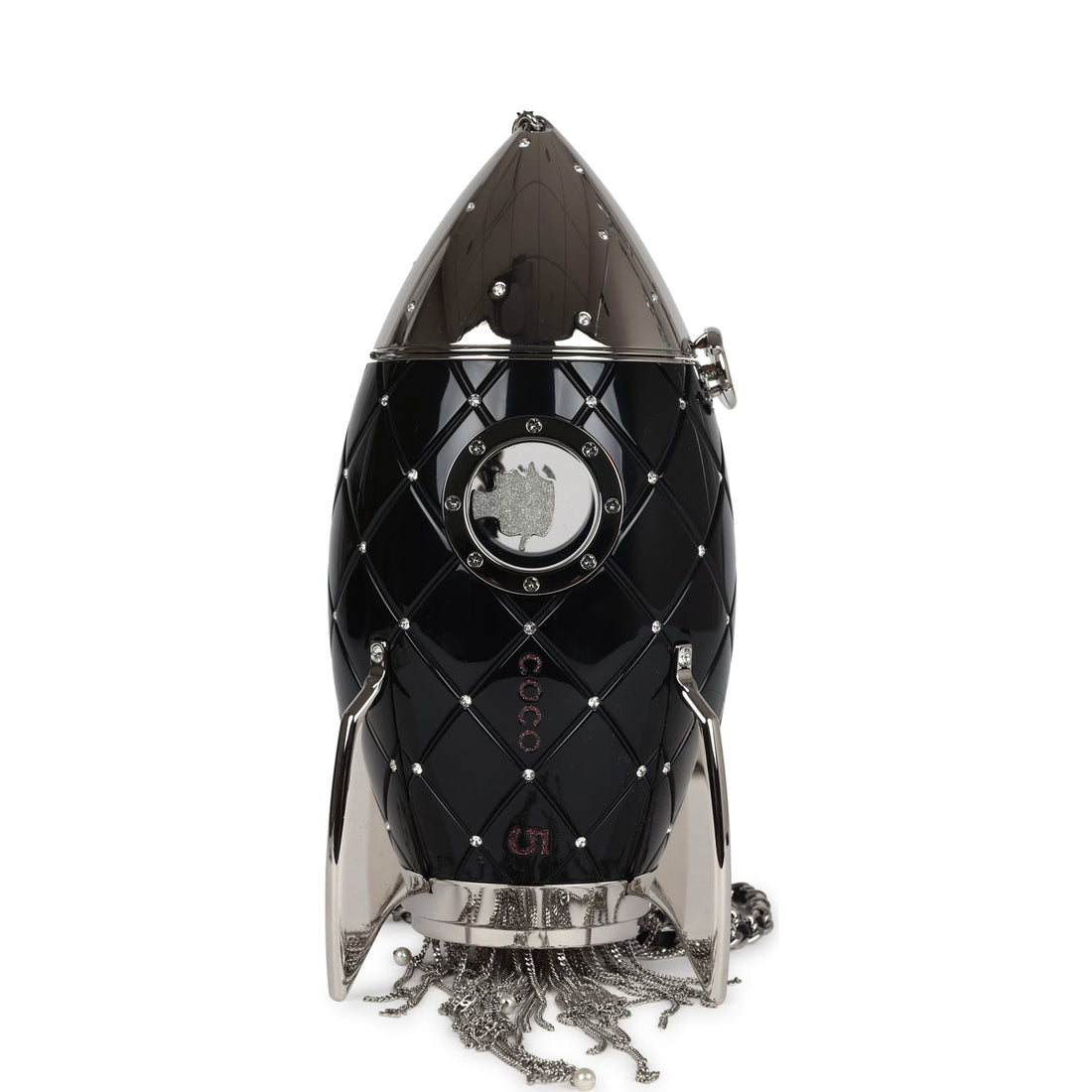 New Chanel Limited Edition Rocket Ship Minaudière Bag Black Lucite and Crystals Silver Hardware