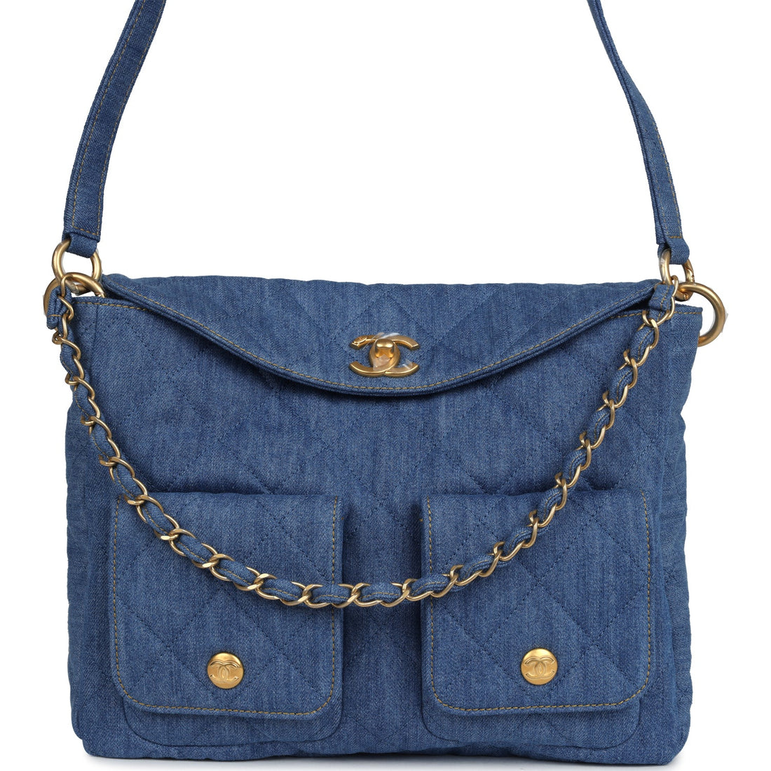 Chanel Large Supple Twins Hobo Bag Blue Denim Brushed Gold Hardware