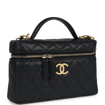 Chanel Top Handle Long Vanity Case With Chain Black Shiny Caviar Brushed Gold Hardware