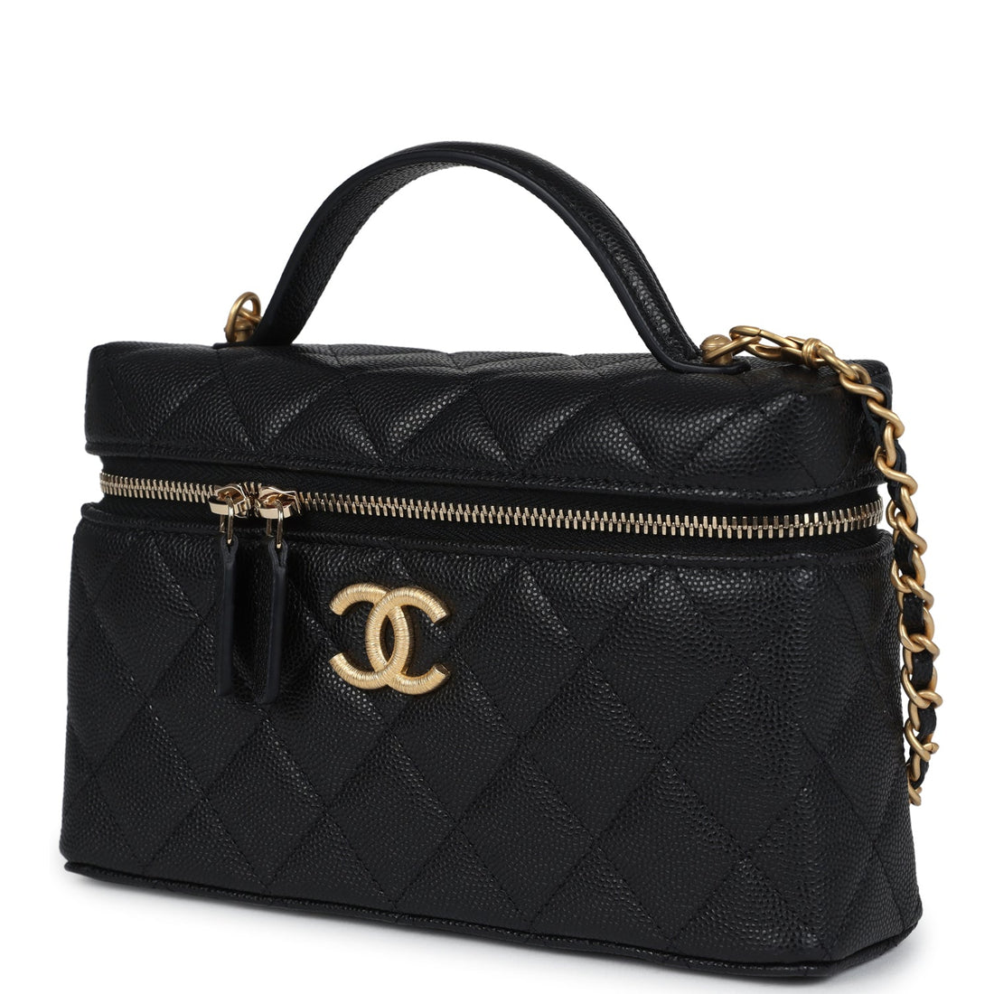 Chanel Top Handle Long Vanity Case With Chain Black Shiny Caviar Brushed Gold Hardware