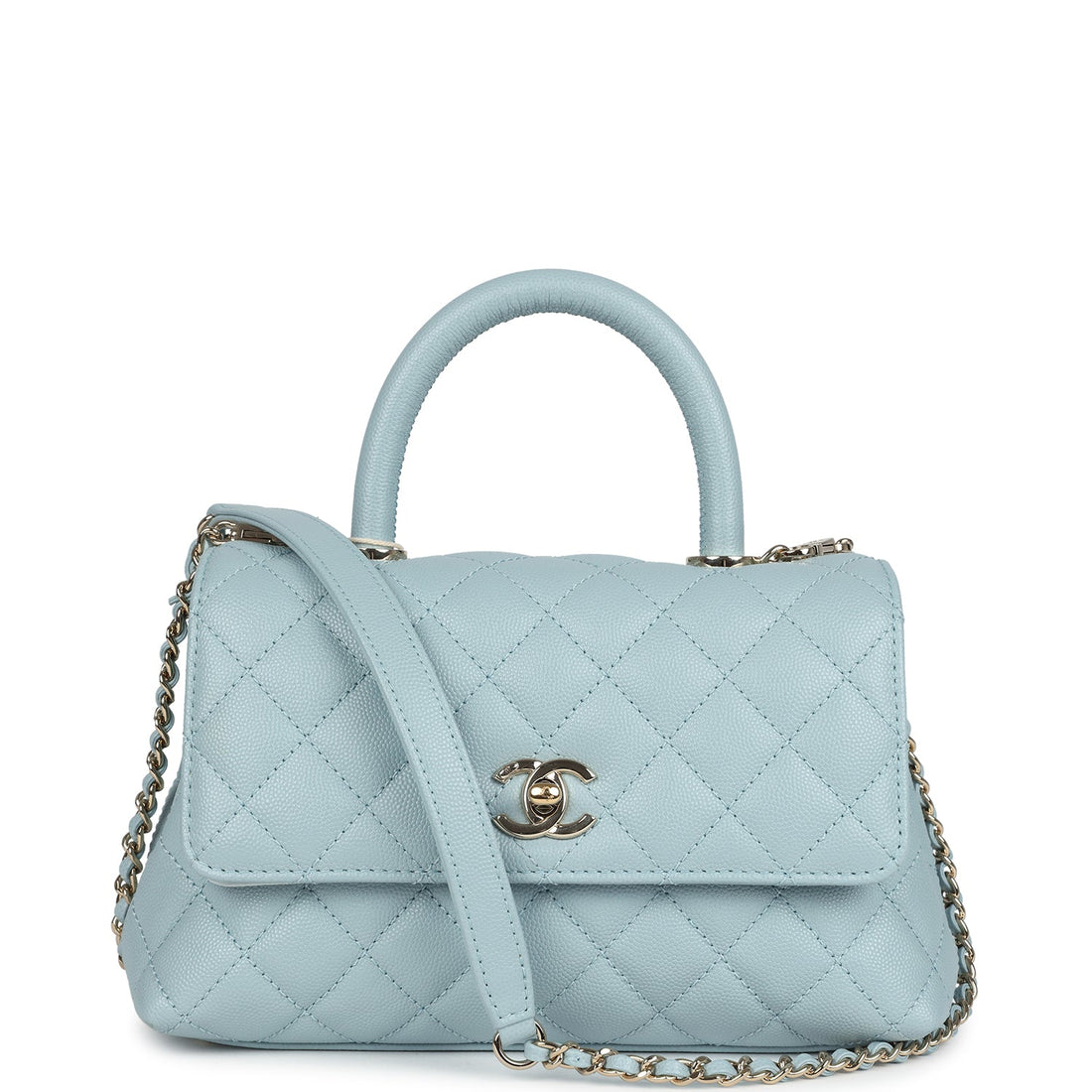 Chanel Small Coco Top Handle Flap Bag Light Blue Caviar Light Gold Hardware