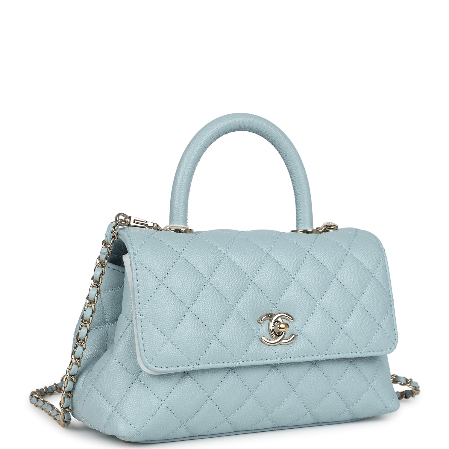 New Chanel Small Coco Top Handle Flap Bag Light Blue Caviar Light Gold Hardware