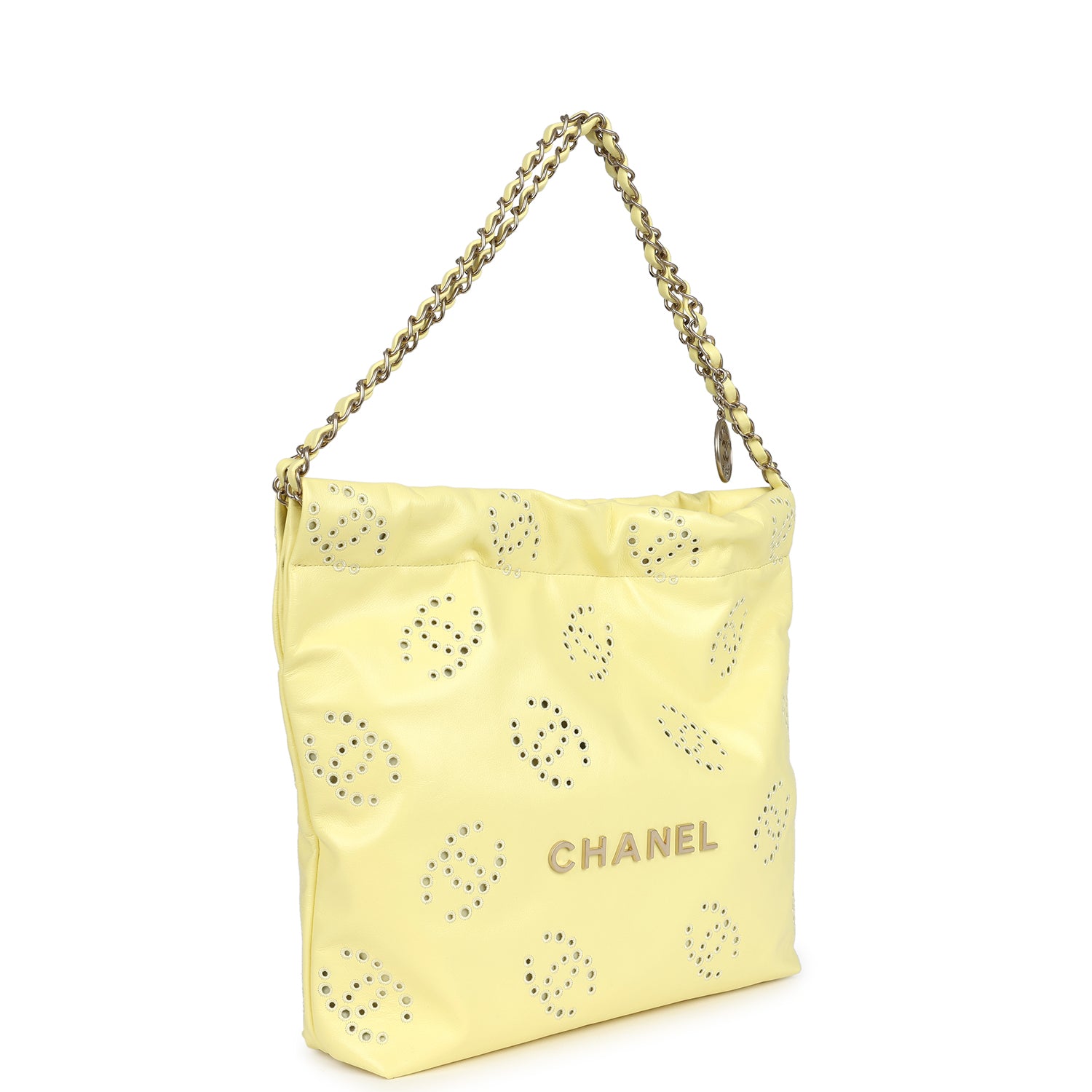 Chanel Small 22 Bag Yellow Shiny Calfskin Brushed Gold Hardware