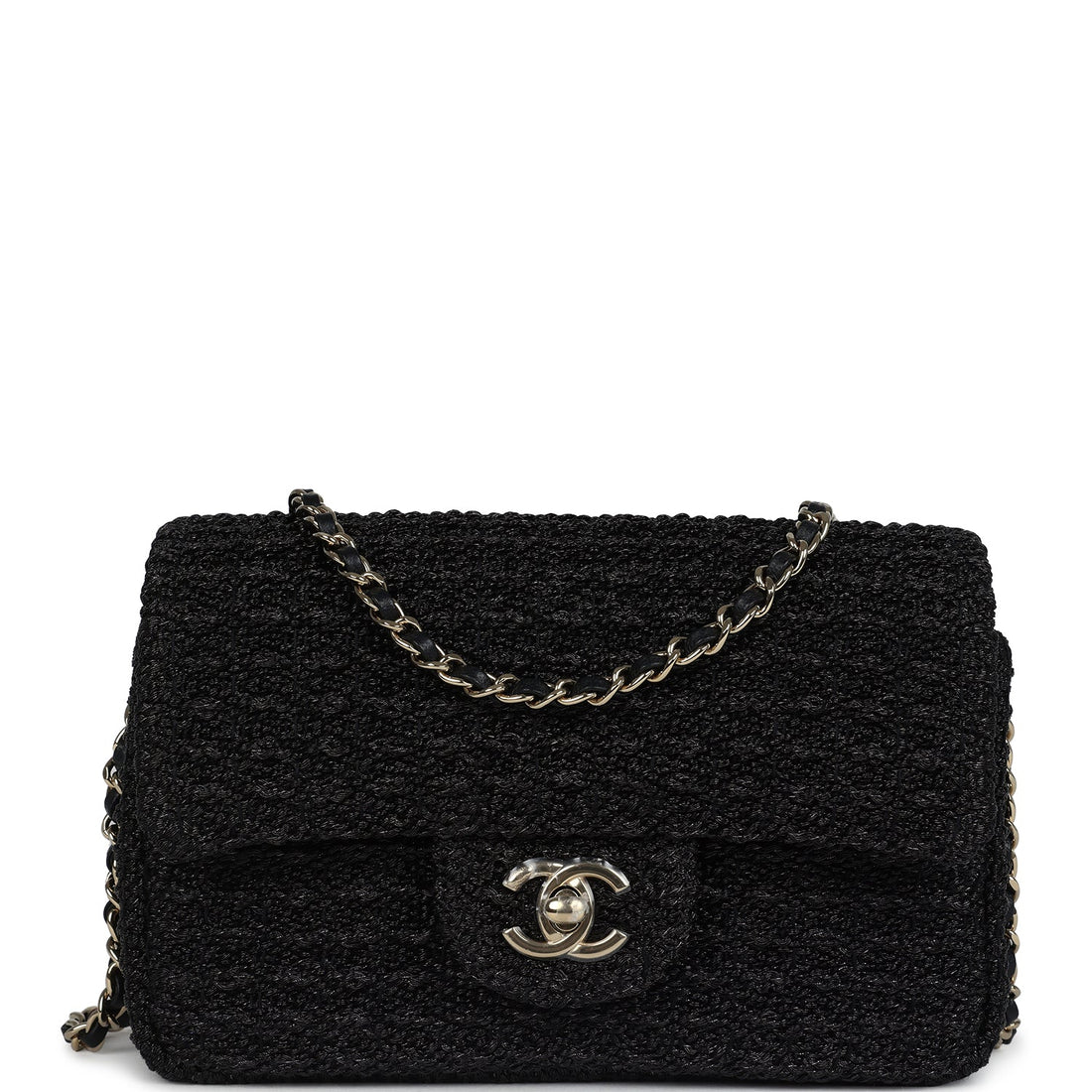 Chanel Mini Summer Nights Flap Bag Black Woven Patent Leather Light Gold Hardware