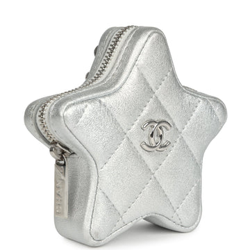 Chanel Walk Of Fame Star Clip-On Coin Purse Metallic Silver Goatskin Silver Hardware