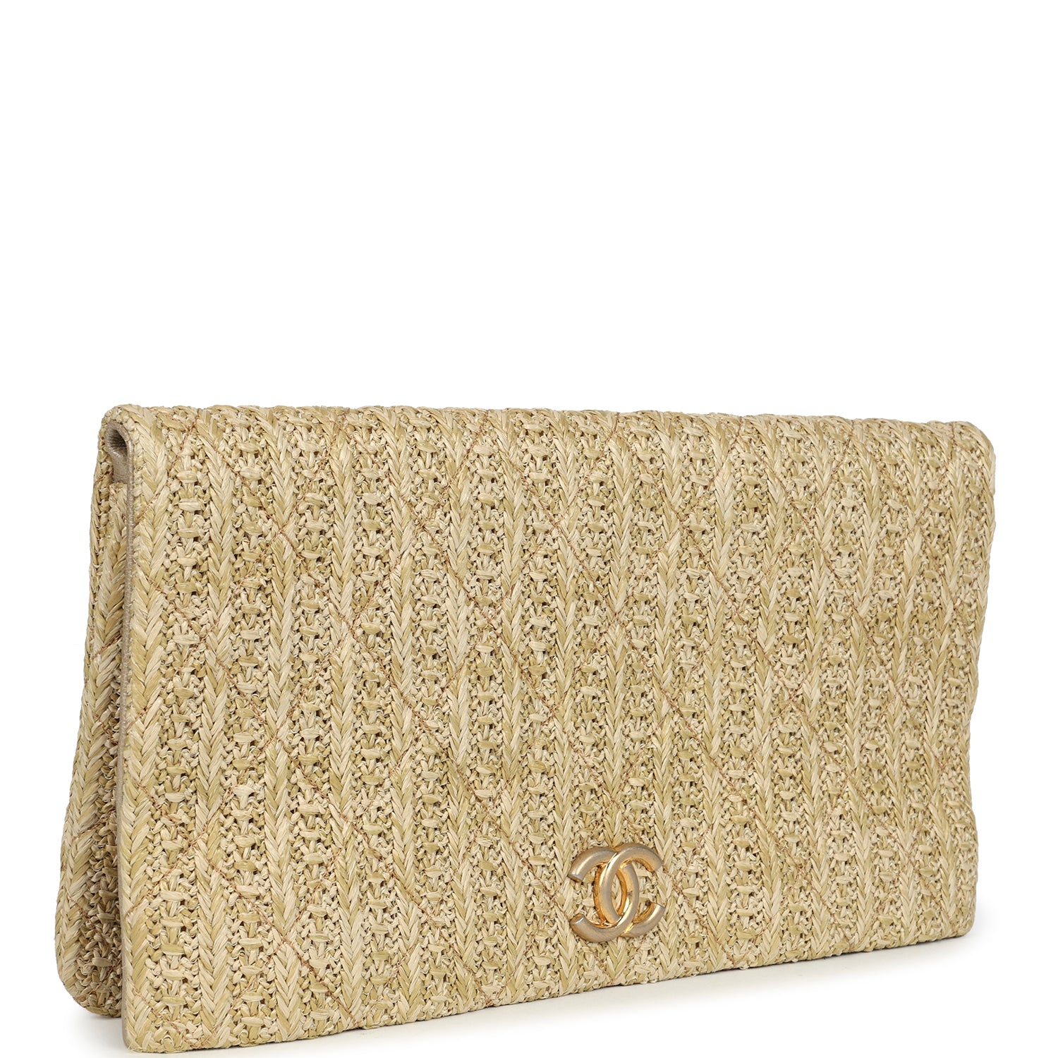 Chanel CC Woven Clutch Gold Natural Raffia Antique Gold Hardware
