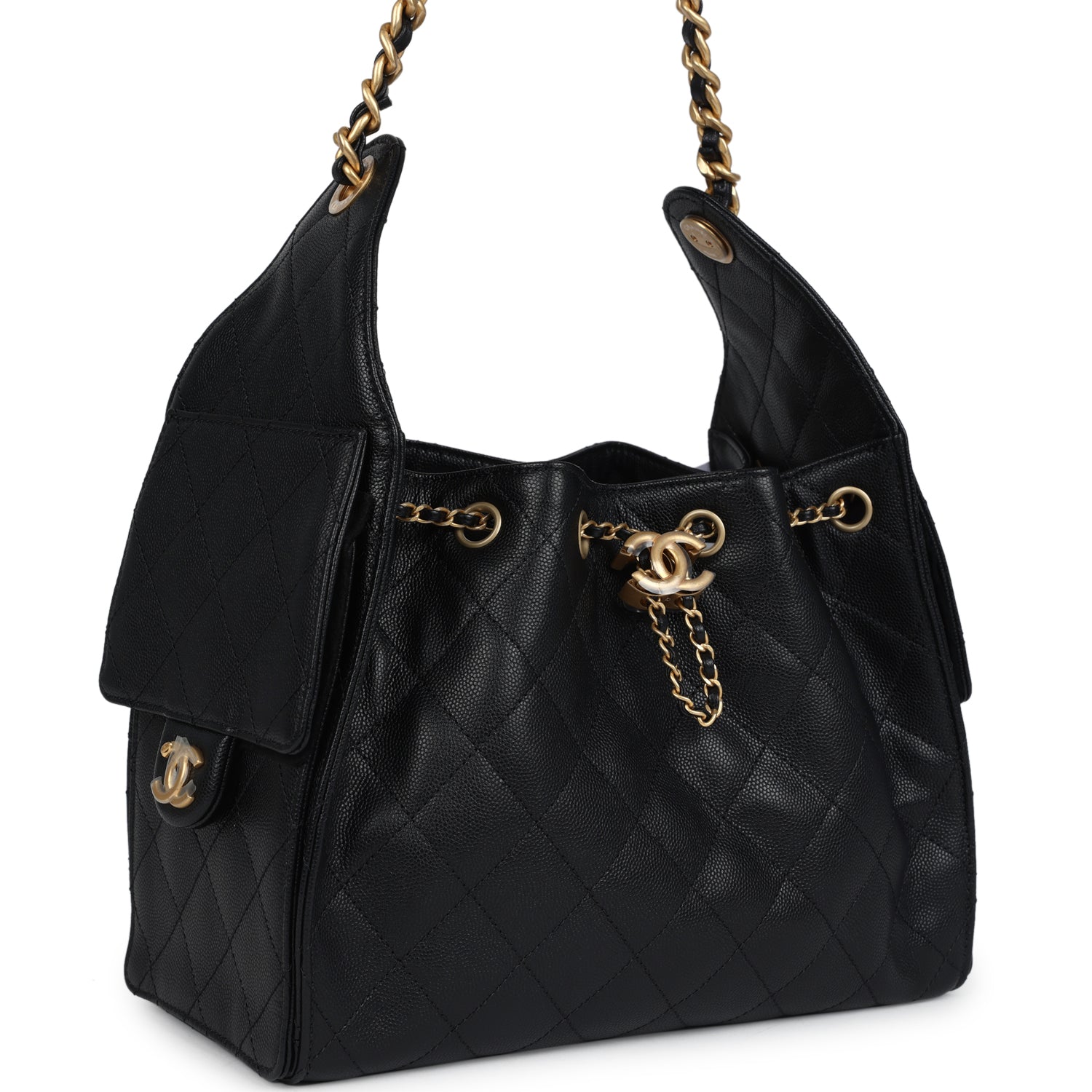 Chanel Small 25 Hobo Bag Black Caviar Antique Gold Hardware