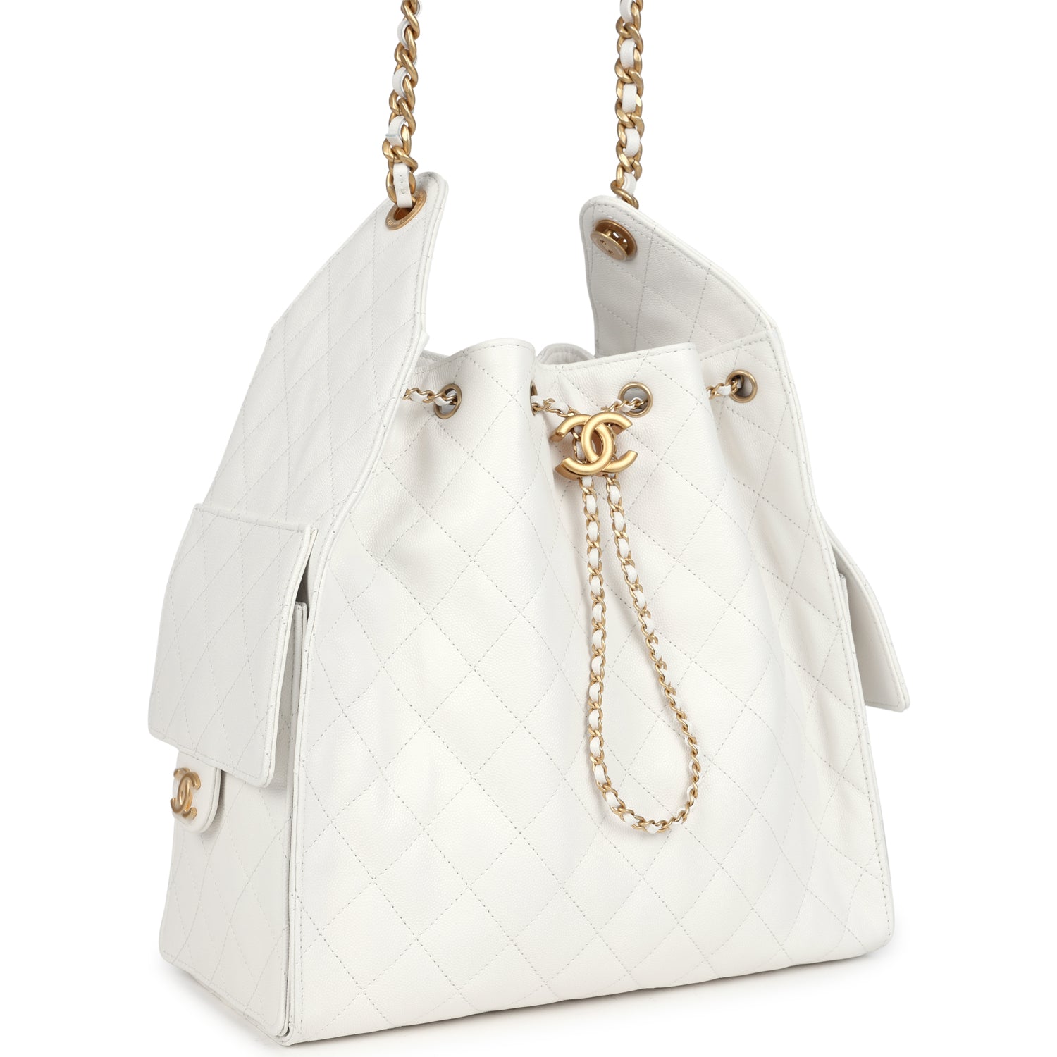 Chanel Medium 25 Hobo Bag White Caviar Antique Gold Hardware