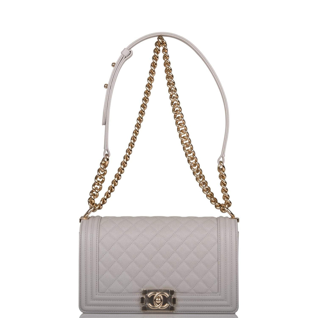 Chanel Medium Boy Bag Gray Quilted Caviar Light Gold Hardware