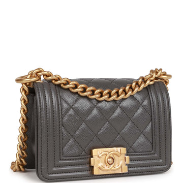 Chanel Mini Boy Bag Grey Caviar Antique Gold Hardware