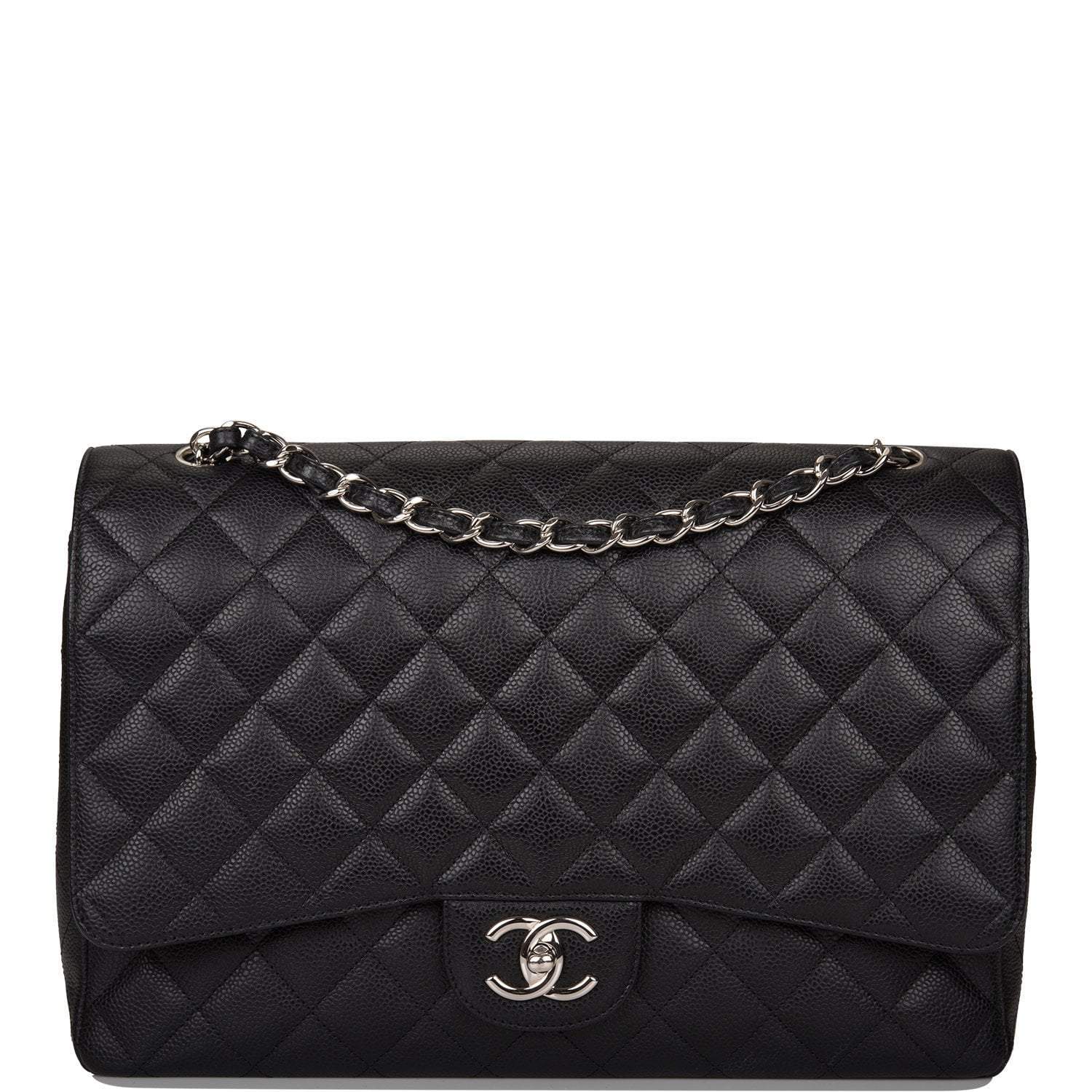 Chanel Maxi Classic Double Flap Bag Black Quilted Caviar Silver Hardware