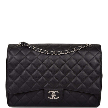 Chanel Maxi Classic Double Flap Bag Black Quilted Caviar Silver Hardware