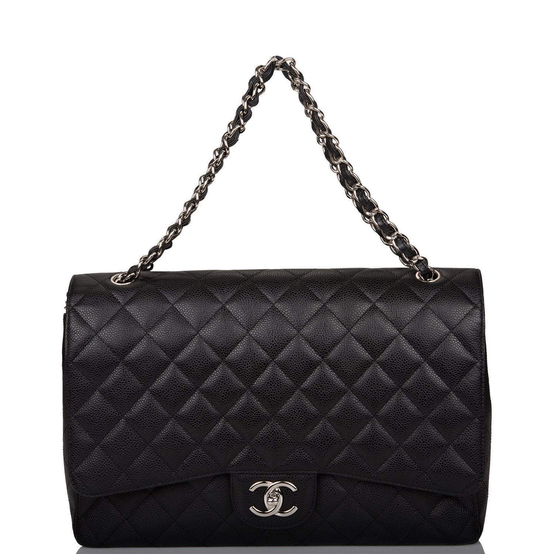 Chanel Maxi Classic Double Flap Bag Black Quilted Caviar Silver Hardware