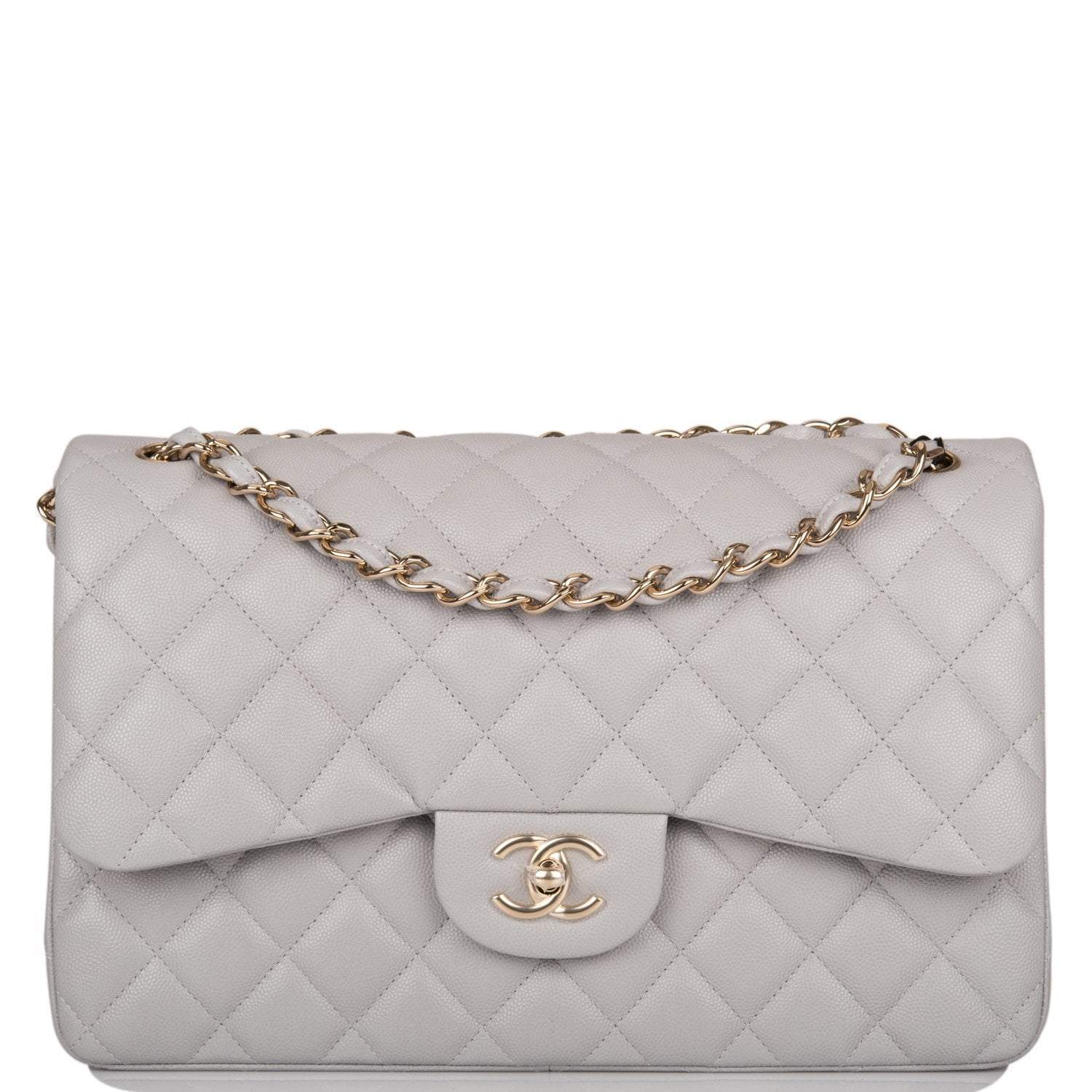 Chanel Light Gray Quilted Caviar Jumbo Classic Double Flap Bag Light Gold Hardware