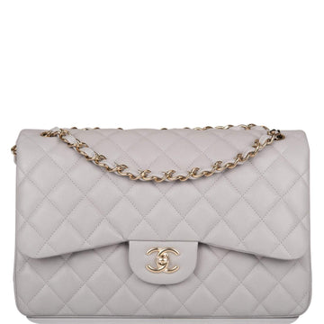 Chanel Light Gray Quilted Caviar Jumbo Classic Double Flap Bag Light Gold Hardware