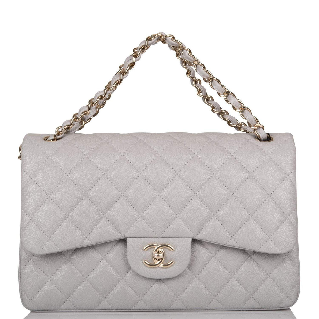 Chanel Light Gray Quilted Caviar Jumbo Classic Double Flap Bag Light Gold Hardware