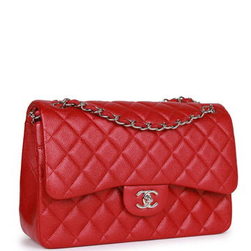 New Chanel Jumbo Classic Double Flap Bag Metallic Red Caviar Silver Hardware