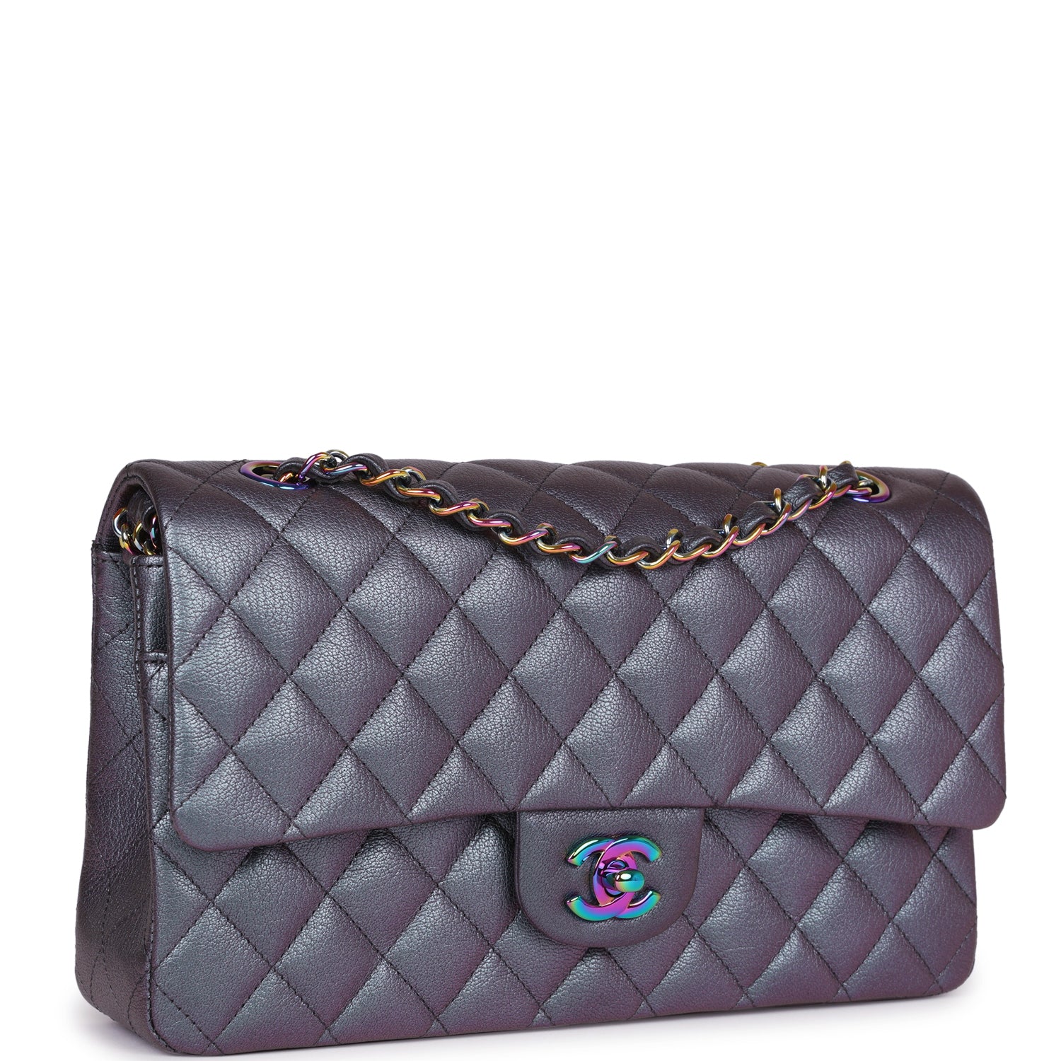 Chanel Medium Classic Double Flap Bag Iridescent Purple Mermaid Goatskin Rainbow Hardware