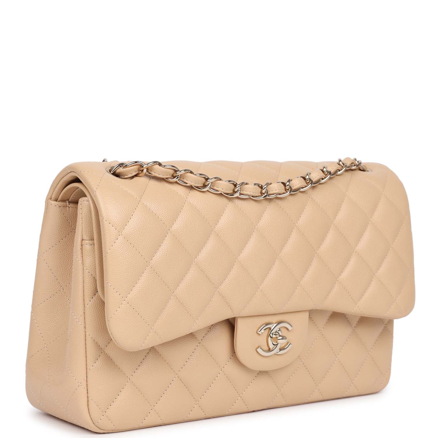 New Chanel Jumbo Classic Double Flap Bag Light Beige Caviar Gold Hardware