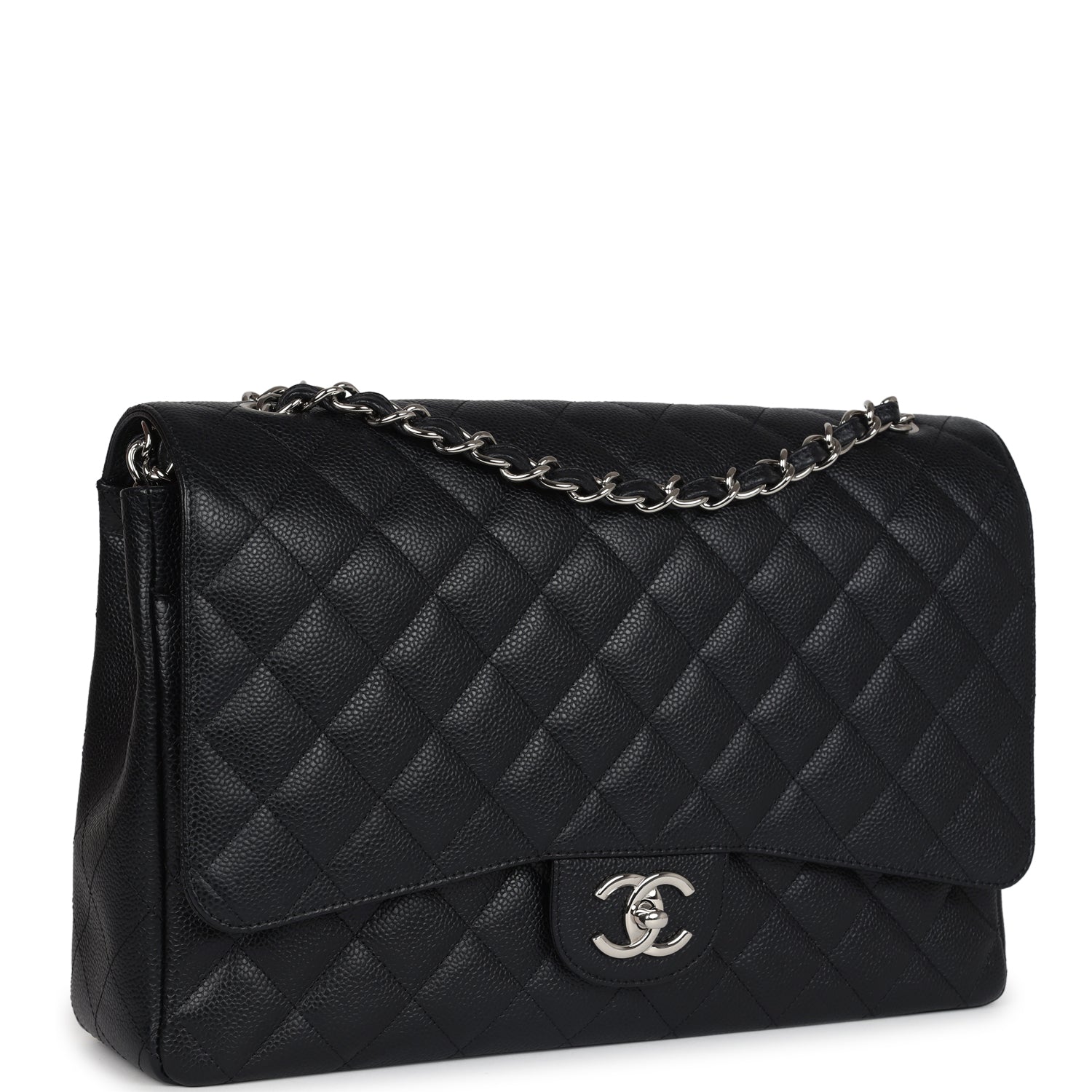 Chanel Maxi Classic Double Flap Bag Black Caviar Silver Hardware