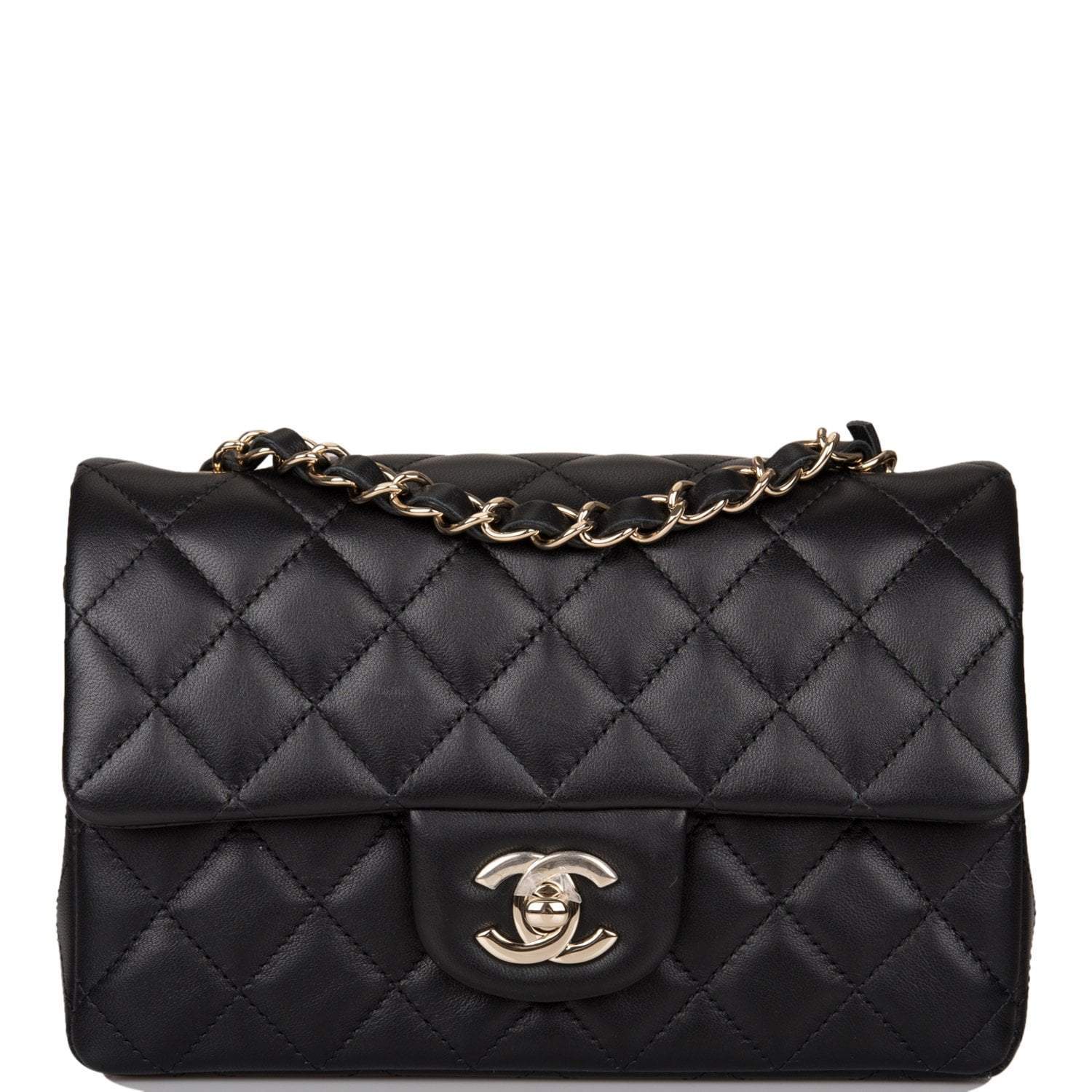 Chanel Mini Rectangular Flap Bag Black Lambskin Light Gold Hardware