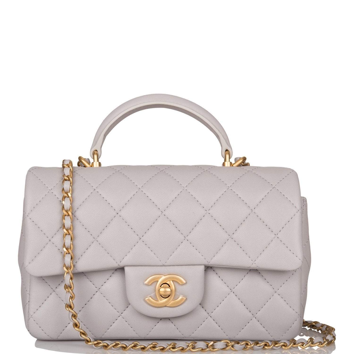 Chanel Mini Rectangular Flap Bag with Top Handle Gray Lambskin Antique Gold Hardware