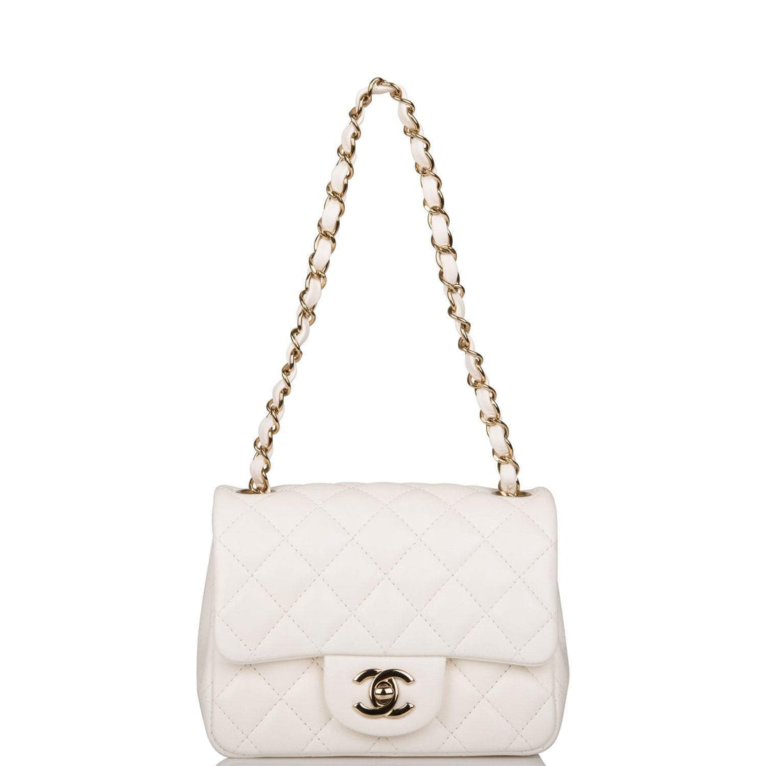 Chanel White Quilted Lambskin Square Mini Classic Flap Bag Light Gold Hardware